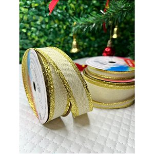 Coleção Natal: Fita Sinimbu Dourado com Brilho e Borda Dourada Aramada 22mm - Metro