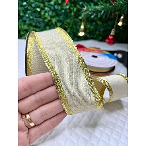 Coleção Natal: Fita Sinimbu Dourado com Brilho e Borda Dourada Aramada 38mm - Metro