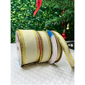 Coleção Natal: KIT Fita Sinimbu Dourado com Brilho Aramado (3 tamanhos) - 2m cada