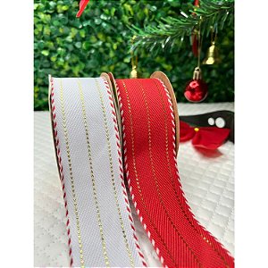 Coleção Natal: Fita Sinimbu com Pesponto Dourado 38mm - Metro branco