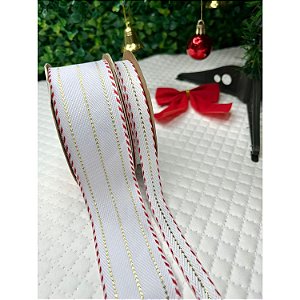 Coleção Natal: KIT Fita Sinimbu Branco com Pesponto Dourado 38mm + 10mm - 2m cada