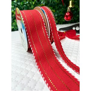 Coleção Natal: KIT Fita Sinimbu Vermelho com Pesponto Dourado 38mm + 10mm - 2m cada
