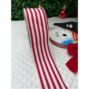 Coleção Natal: Fita Sinimbu Branco com Vermelho Listrado 38mm - Metro