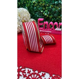 Coleção Natal: Fita Sinimbu Branco com Vermelho Listrado 38mm - Metro
