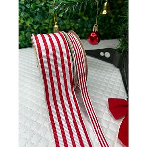 Coleção Natal: KIT Fita Sinimbu Branco com Vermelho Listrado 38mm + 10mm - 2 metros cada