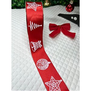Coleção Natal: Fita Sinimbu Cetim Vermelho com Estampa 38mm - Metro