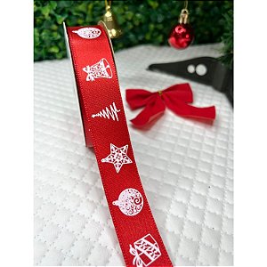 Coleção Natal: Fita Sinimbu Cetim Vermelho com Estampa 22mm - Metro