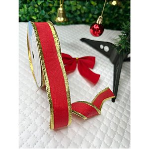 Coleção Natal: Fita Sinimbu Vermelho com Borda Dourada 22mm Aramada - Metro