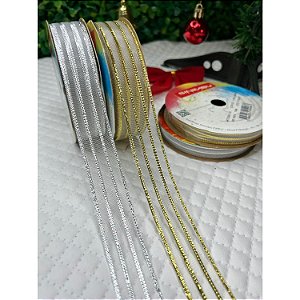 Coleção Natal: Fita Sinimbu Organza Branco com Listras 22mm - Metro dourado