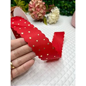 Fita de Gorgorão Mili com Borda Ondulada e Estrelinhas 38mm Vermelho - Metro