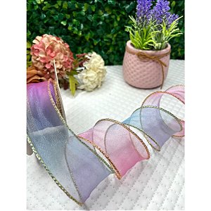 Fita de Organza com Borda Dourada Degradê Lilás 38mm - Metro