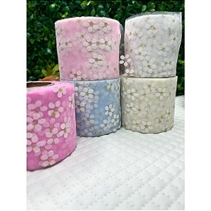 Fita de Tule com Flor com Miolo Dourado 60mm - Metro