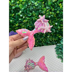 Aplique Almofadado Cauda de Sereia 10cm com Paetê Rosa - Unidade