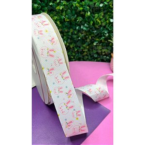 Fita de Gorgorão 38mm Yama Branca com Coelhos Rosa - Metro