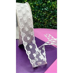 Fita de Renda Bordada com Coração Branco 38mm - Metro