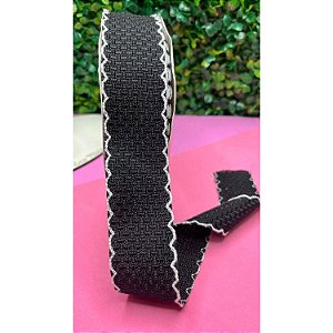 Fita Importada Tweed 38mm Preto com Borda Ondulada Branca - Metro