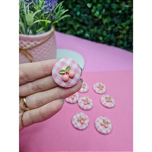 Aplique de Tecido Redondo Xadrez Rosa com Cereja - Unidade