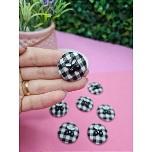 Aplique de Tecido Redondo Xadrez Preto com Cereja - Unidade