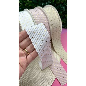 Fita de Cotelê com Poá Dourado 38mm - Metro Rosê