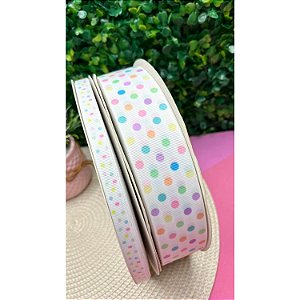 Fita de Gorgorão Estampada Yama Branco com Poá Candy - Metro 38mm-N9