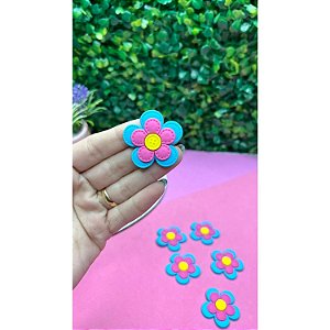 Aplique Emborrachado Flor com Botão Azul com Rosa - Unidade