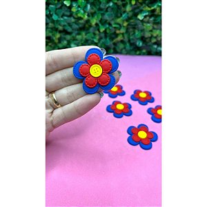 Aplique Emborrachado Flor com Botão Azul com Vermelho - Unidade