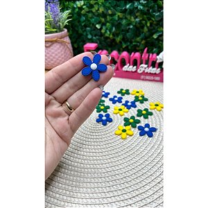 Aplique Emborrachado Flor com Pesponto Azul e Branco - Unidade