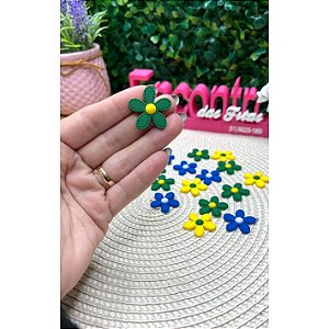 Aplique Emborrachado Flor com Pesponto Verde e Amarelo - Unidade