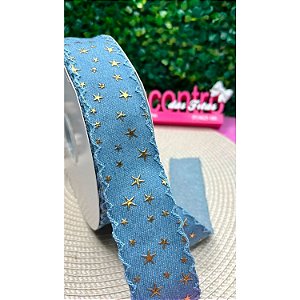 Fita Importada Jeans Claro com Estrela Dourada 38mm - Metro