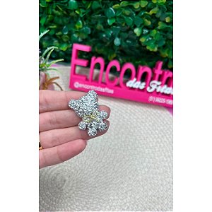 Aplique Ursinho Cravejado Glitter Prata - Unidade