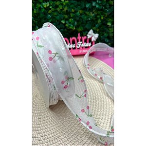 Fita de Organza Branca com Cereja 38mm - Metro