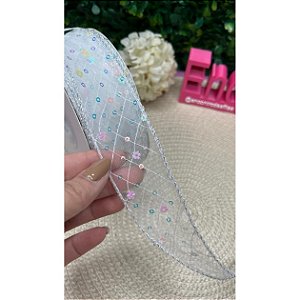 Fita de Organza 38mm Paetê e Flor Off White - Metro