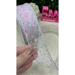 Fita de Organza 38mm Paetê e Flor Rosa Bebê - Metro