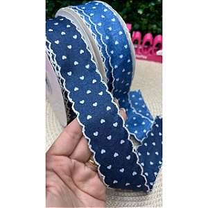 Fita Jeans com Borda Ondulada 38mm  Azul Claro Corações - Metro