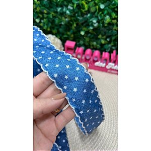 Fita Jeans com Borda Ondulada 38mm  Azul Claro Estrelinhas - Metro