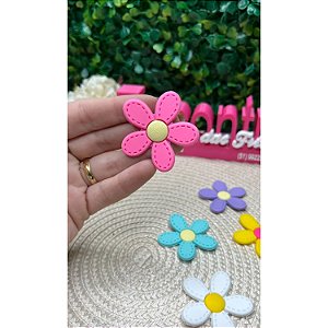 Aplique Emborrachado Flor com Pesponto Rosa Chiclete - Unidade