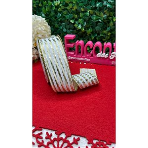 Coleção Natal: Fita Sinimbu 38mm Branco com Listra Dourada - Metro