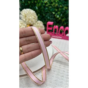 Fita Mili de Gorgorão 10mm com Borda Dourada Rosa Bebê - Metro