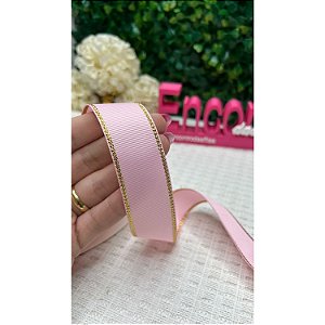 Fita Mili de Gorgorão 22mm com Borda Dourada Rosa Bebê - Metro