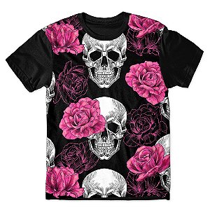 Camiseta T-shirt As Braba Caveiras Rosas Full Print Preta