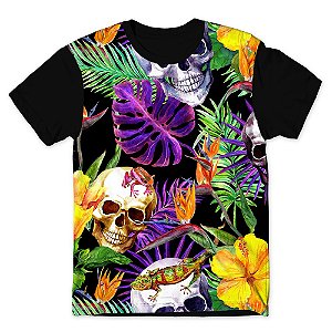Camiseta T-shirt As Braba Caveira Tropical Full Print Preta