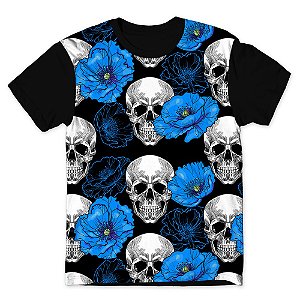 Camiseta T-shirt As Braba Caveiras Flores Azuis Full Print Preta