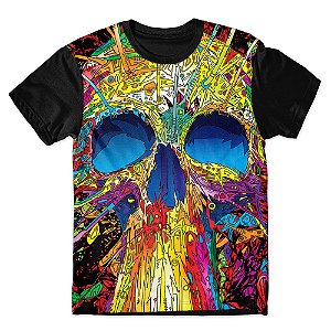 Camiseta T-shirt As Braba Caveira Psicodélica Full Print Preta