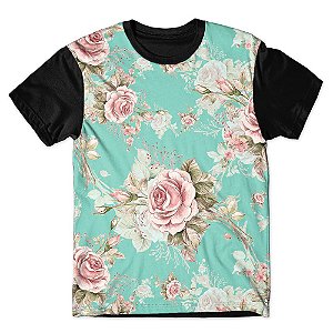 Camiseta T-shirt As Braba Floral Azul Full Print Preta