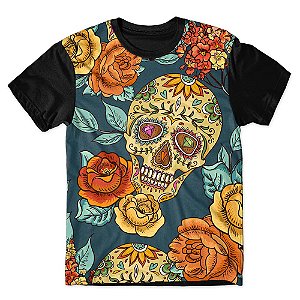 Camiseta As Braba Masculina Caveira Mexicana e Flores Full Print