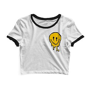 Cropped Blusinha As Braba Smile Derretendo Branco Viés Preto