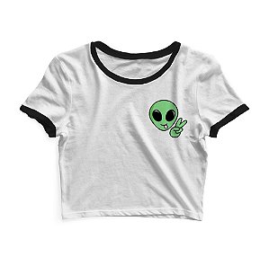 Cropped Blusinha As Braba Alien Paz e Amor Lateral Branco Viés Preto