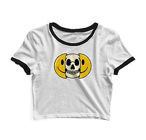 Cropped Blusinha As Braba Smile Caveira Branco Viés Preto