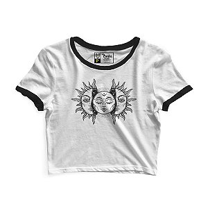 Cropped Blusinha As Braba Branco Sol e Lua Preto Viés Preto