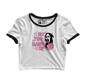 Cropped Blusinha As Braba No You Hang Up Branco Viés Preto